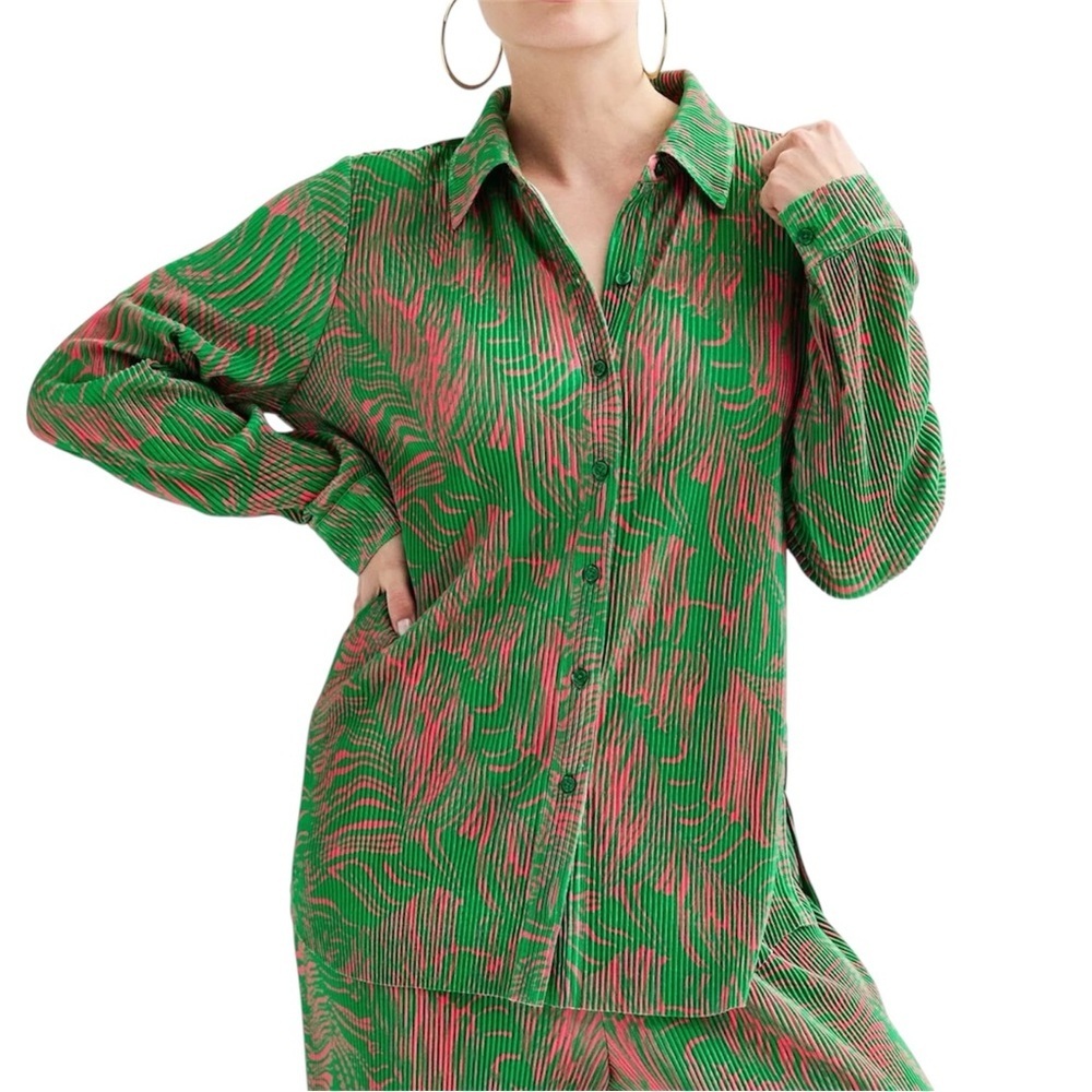 Pleated Abstract Print Button Up Shirt XL Green Pink Resort Vacation Top